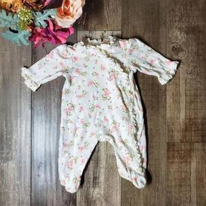 Little Me Newborn Floral Ruffle Footed Sleeper White Pink and Green Floral NWOT